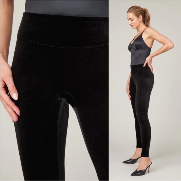 Spanx EUC Shiny Velvet High Waisted Leggings Black L Bodycon Holiday Shapewear - Picture 16 of 16